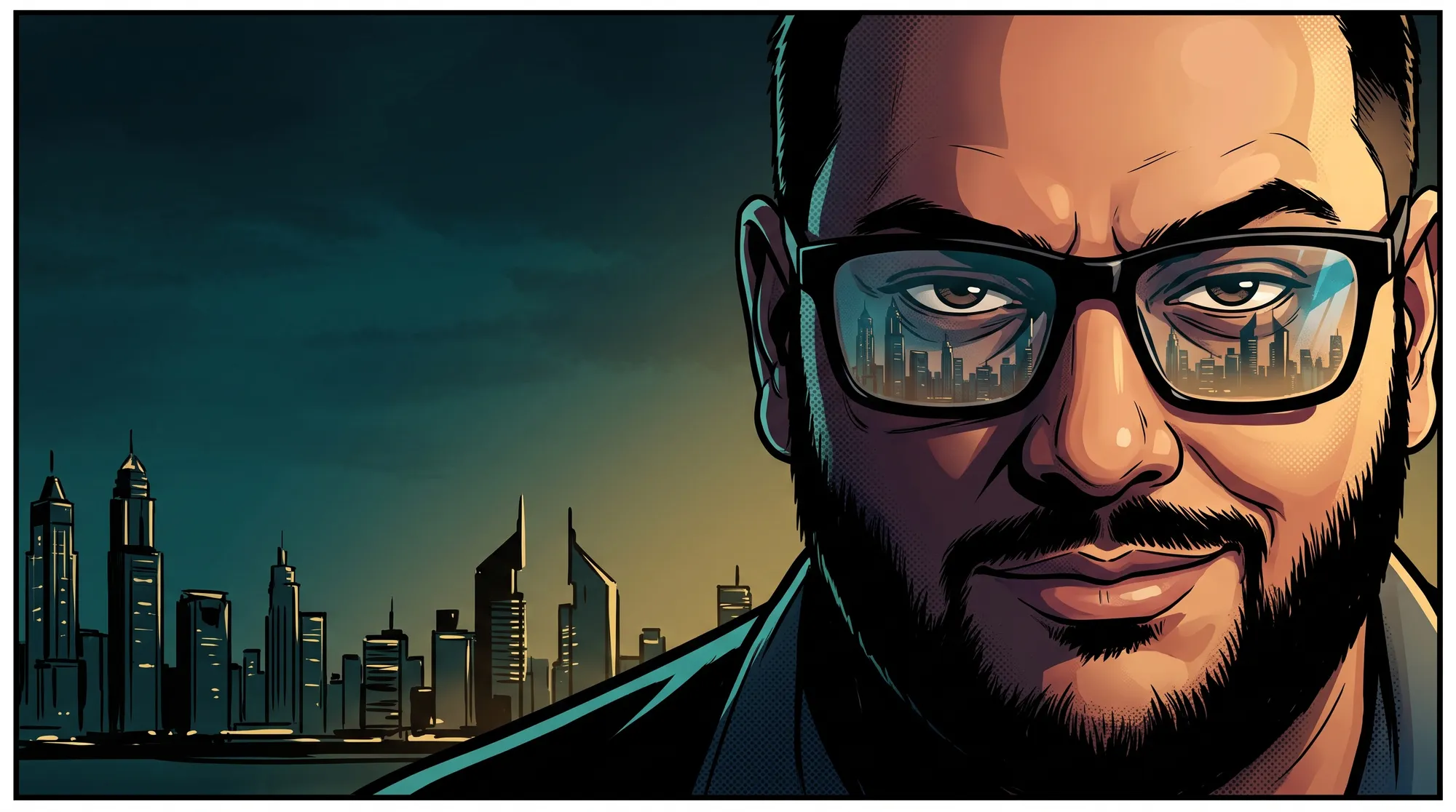 Comic-style close-up of Babo smirking, the Dubai skyline reflected in his glasses
