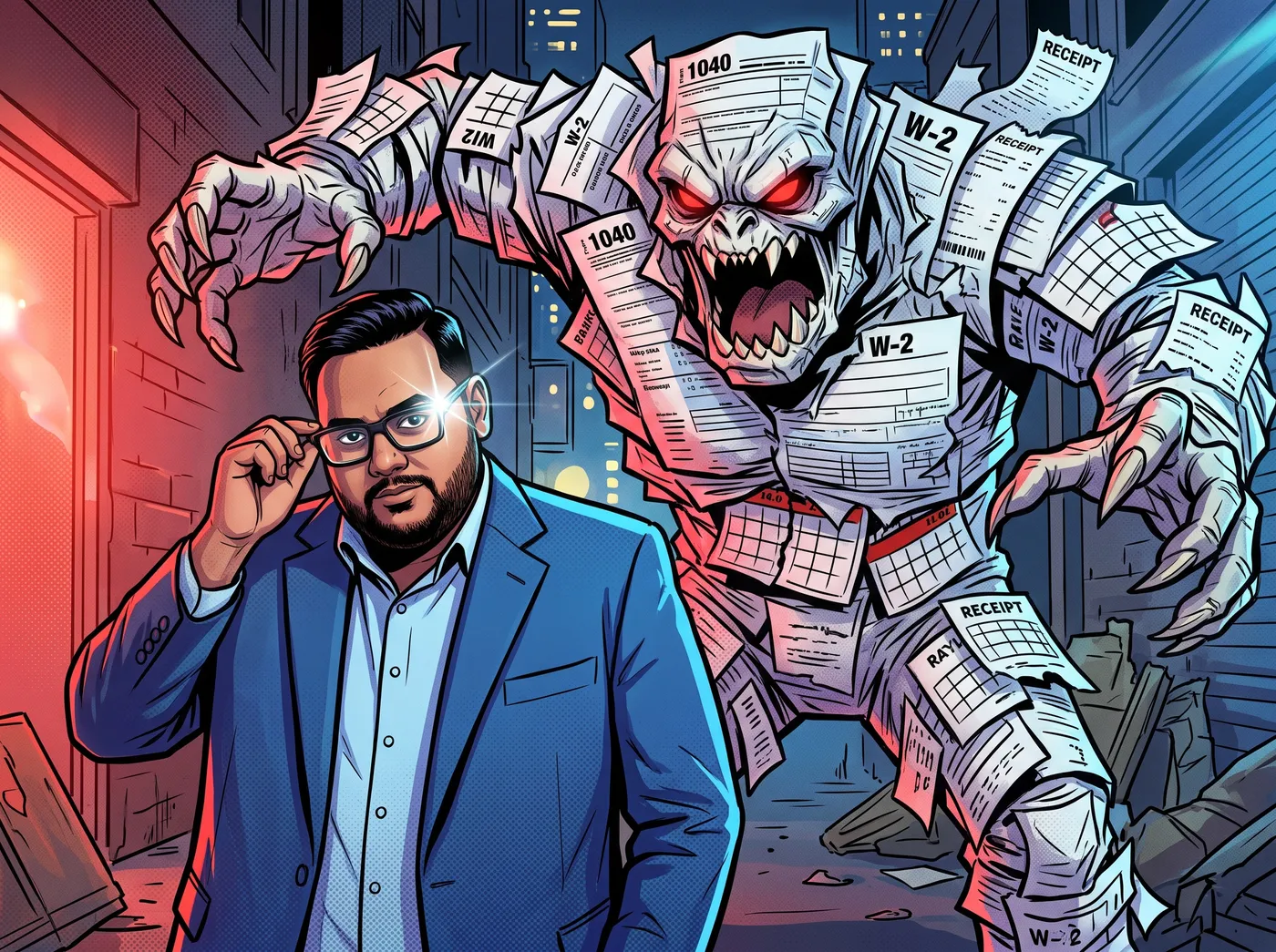 Babo calmly adjusting his glasses as a giant monster made of tax forms roars behind him