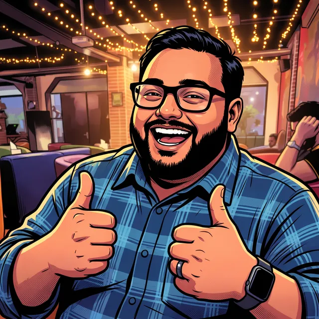 Babo laughing with two thumbs up